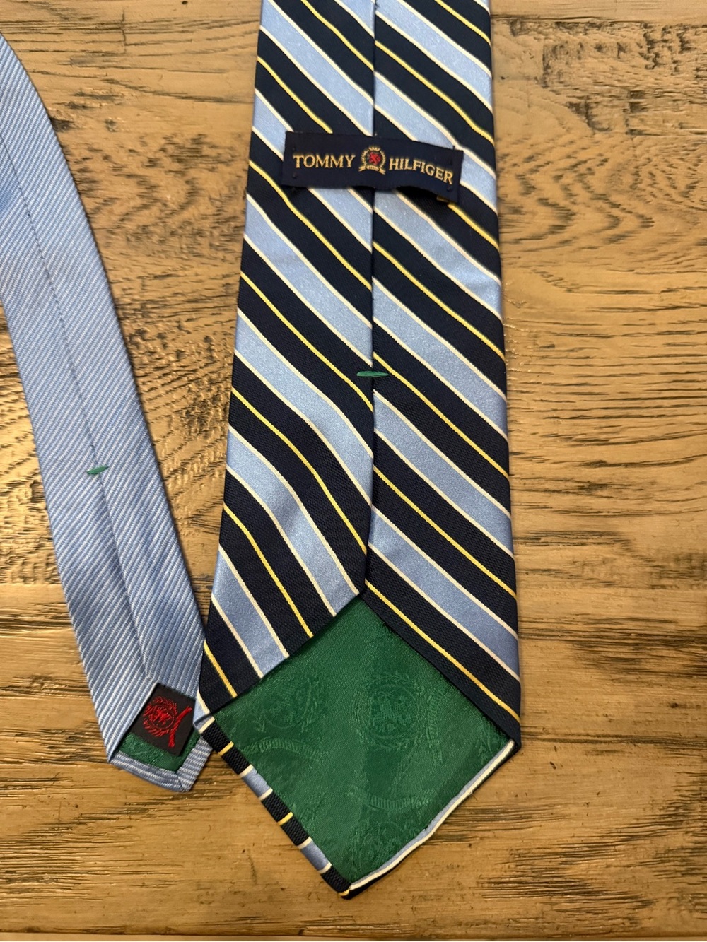 Tommy Hilfiger Navy and Light Blue Striped Silk Tie with Yellow Accents